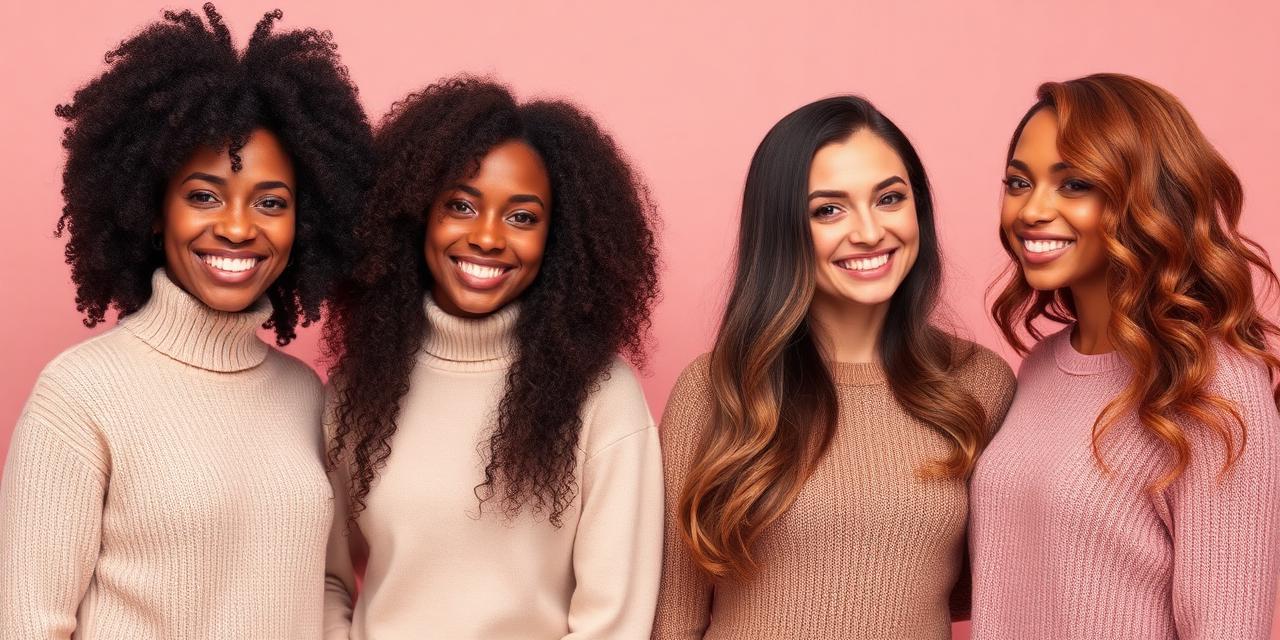 Four women side by side with 4C coily hair, defined 3B curls, fine straight hair, and copper color-treated waves